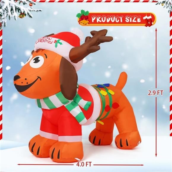 4FT Christmas Dog with Antler Hat, Built-in LEDs Blow Up Yard Decoration - Picture 6 of 6